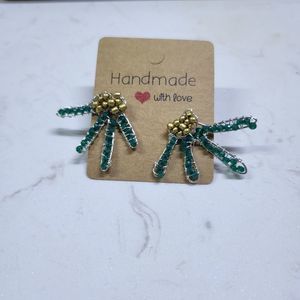 Silver plated wire wrapped earrings green crystals handmade